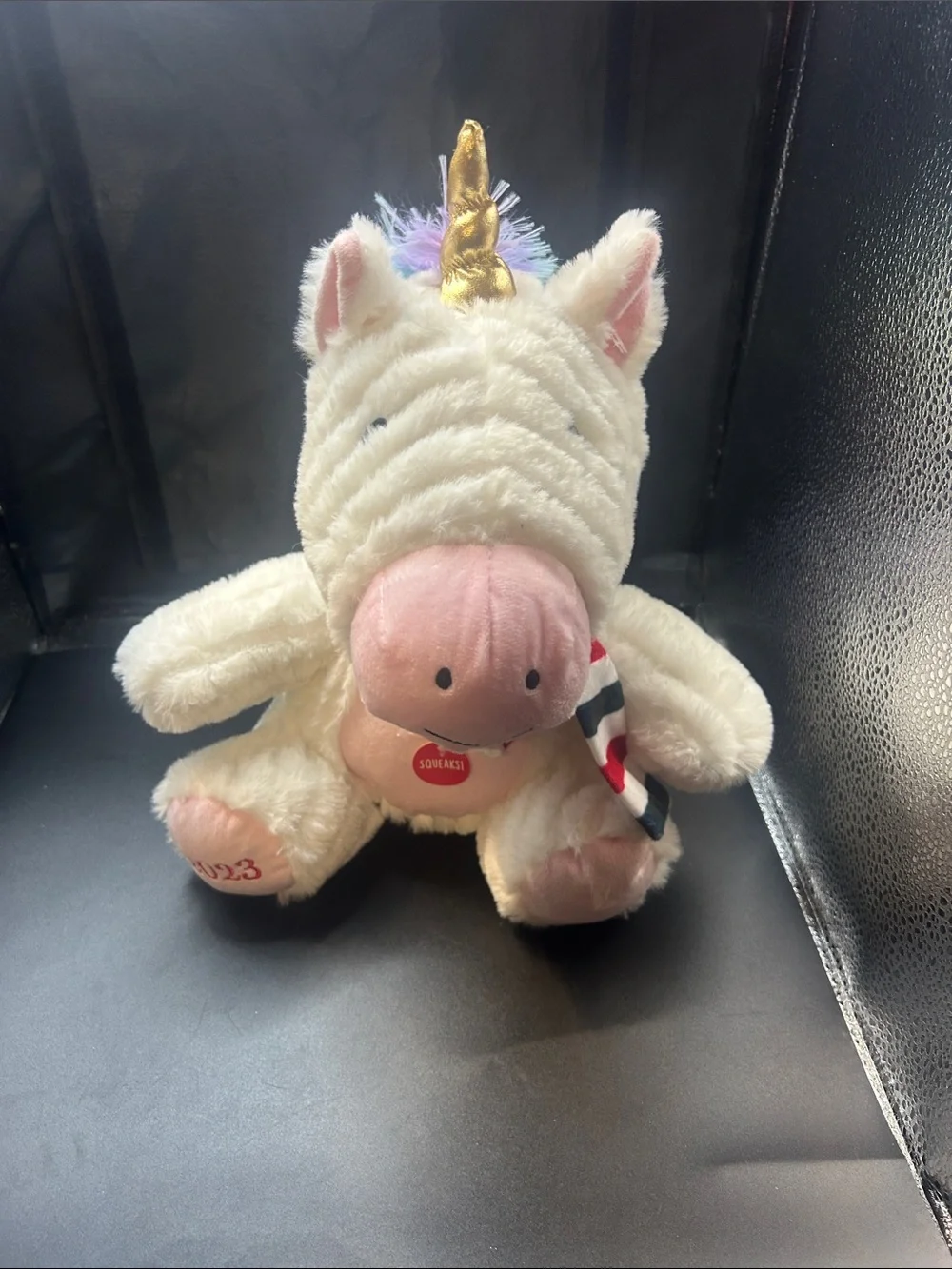 Plush White Unicorn Stuffed Animal with Pink Snout and Gold Horn